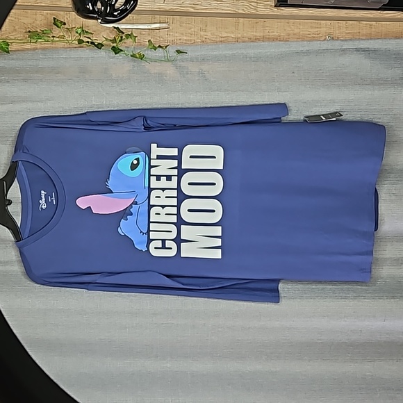 DISNEY STITCH LONG SLEEVE PAJAMA TOP IN BLU WITH CURRENT MOOD ON FRONT SIZE LGE - Picture 1 of 8